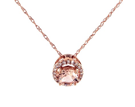 Necklaces Gemstone 14k Rose Gold Round Halo Morganite And Diamond Necklace 50mm Item 64839 - Morganite And Diamond Pendant
