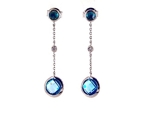 14K White Gold Blue Topaz and Diamond Bezel Drop Earrings (7.0mm)