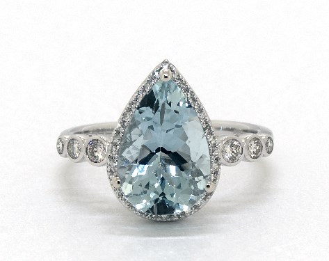 14K White Gold Graduated Bezel Aquamarine and Diamond Ring by EFFY (12.0x8.0mm)