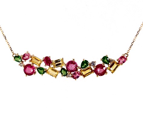 14K Yellow Gold Pink, Yellow and White Sapphire and Tsavorite Cluster Bar Necklace