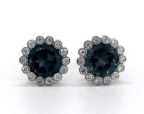 14K White Gold Blue Topaz and Diamond Studded Beaded Halo Earrings (7.0mm)