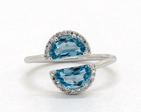 14K White Gold Blue Topaz and Diamond Half Moon Bypass Ring