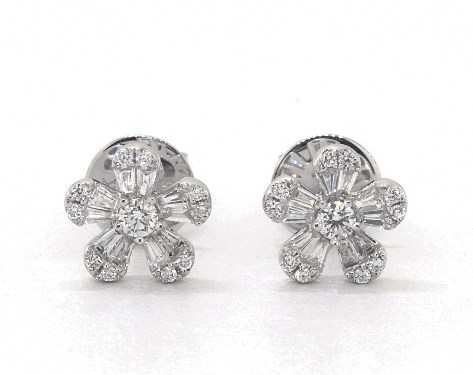 14k White Gold Baguette And Round Diamond Flower Earrings