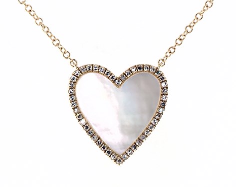 14K Yellow Gold Inlay Mother of Pearl and Diamond Heart Necklace-8325644y14