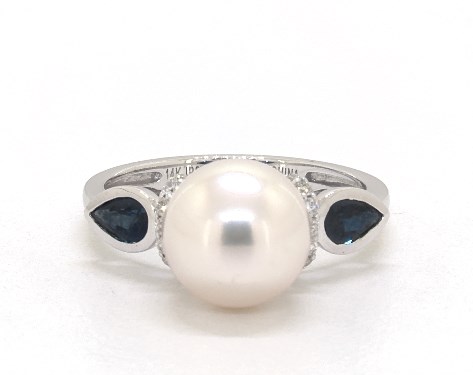 14K White Gold Akoya Cultured Pearl and Bezel Set Sapphire Ring (9.5 mm)