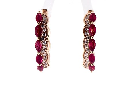 14K Rose Gold Marquise Ruby and Diamond Outline Hoop Earrings