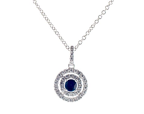 14K White Gold Double Halo Sapphire and Diamond Necklace