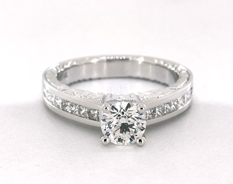 1.18 Carat G-VVS2 Very Good Cut Round Diamond Engraved Princess Shaped Diamond Engagement Ring